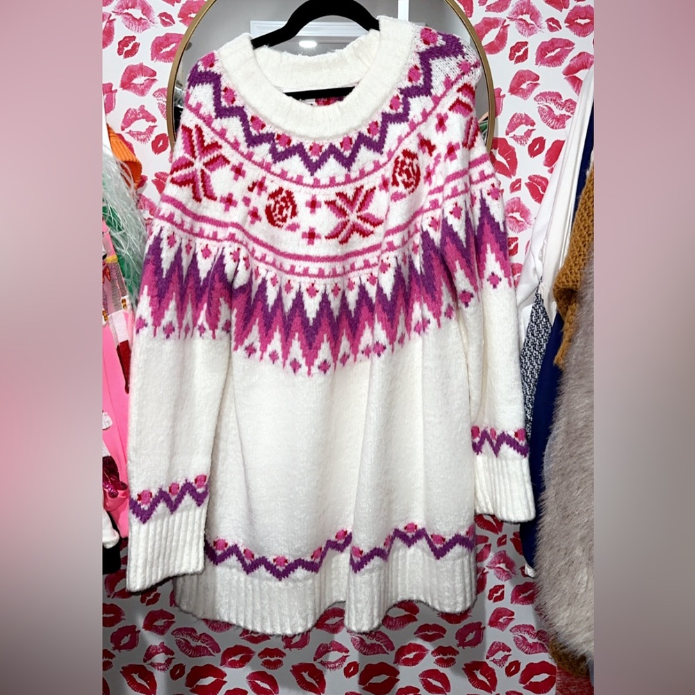 Cozy Knit Sweater Dress with Pink and Purple Patterns